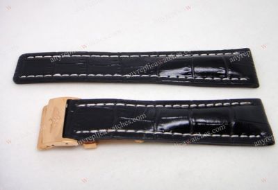 24mm Breitling Replica Watch Bands / Black Real Leather & Rose Gold Clasp